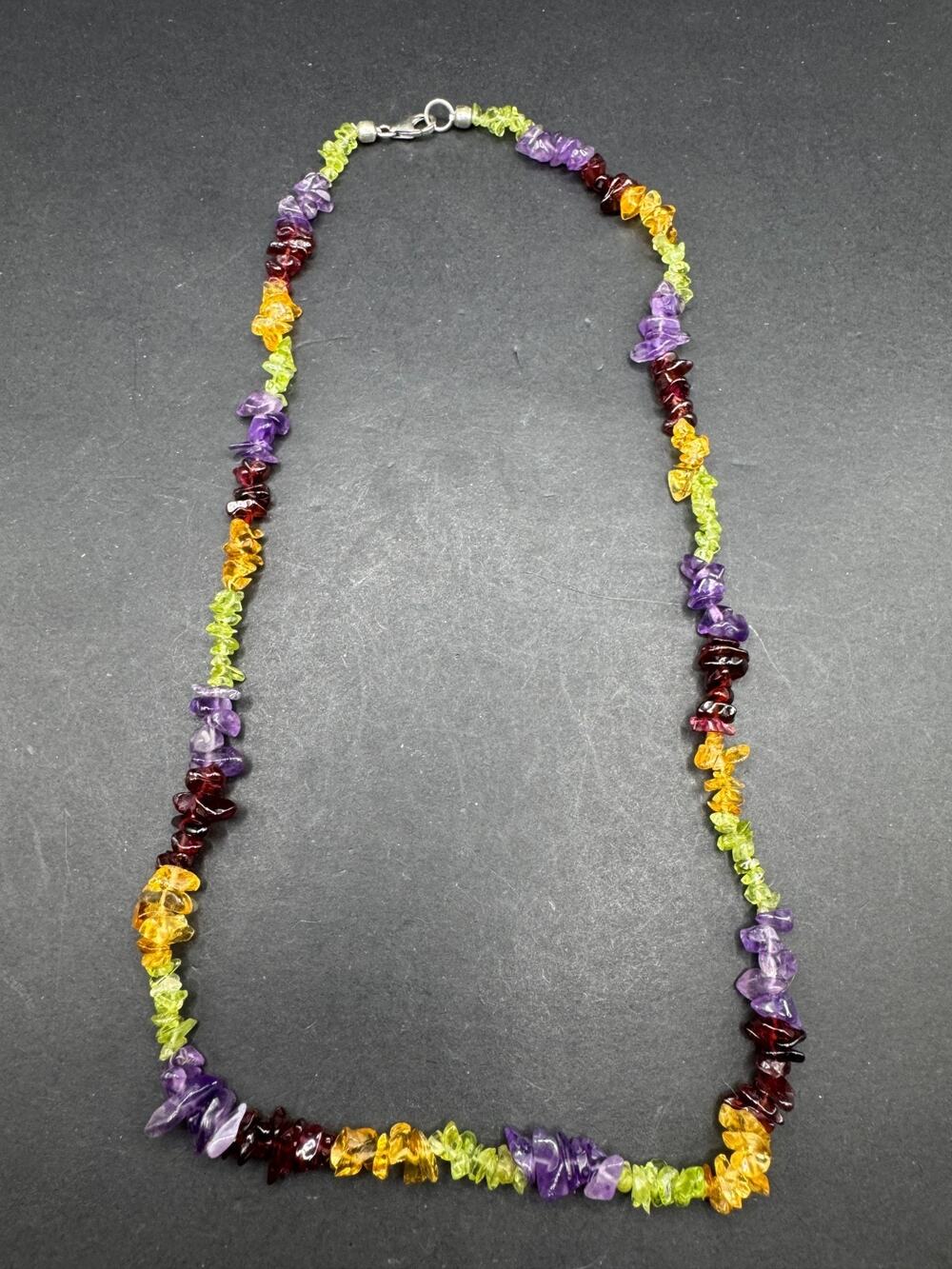Vtg Multi Gemstone Beaded Chip Necklace Single Strand Sterling Silver 925